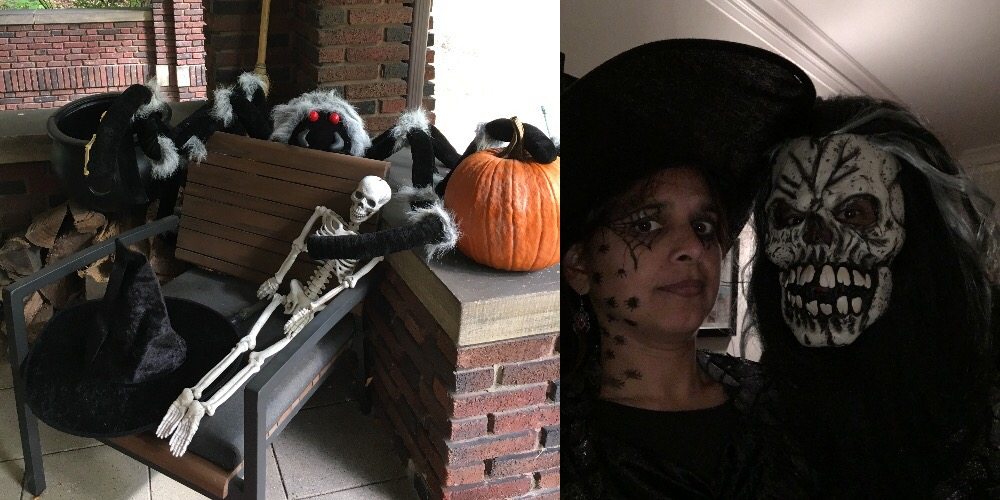 Halloween spirit in decoration and costume.