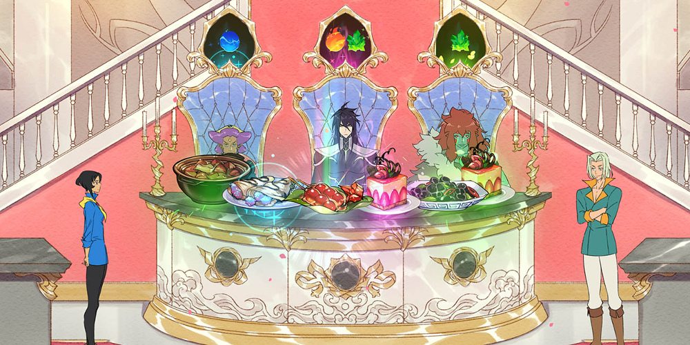 Judges sit behind six food dishes. Icons above their head shows what they like in a meal. Mina and another character stand to the sides of the table.