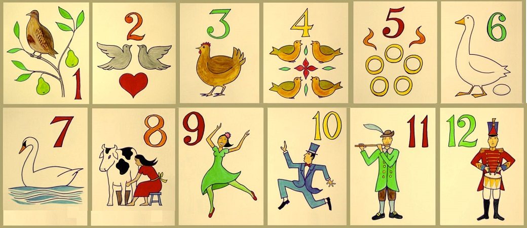 Twelve numbered cards illustrating the gifts in the song "The Twelve Days of Christmas"