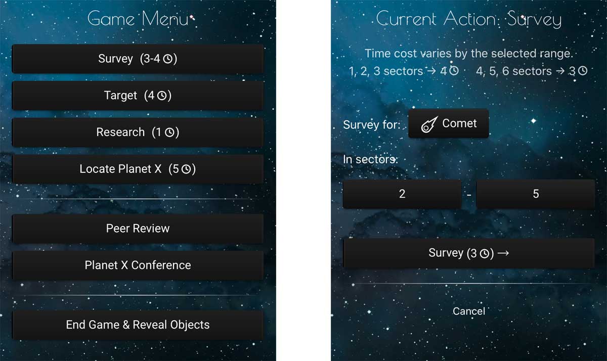 Search for Planet X app menu