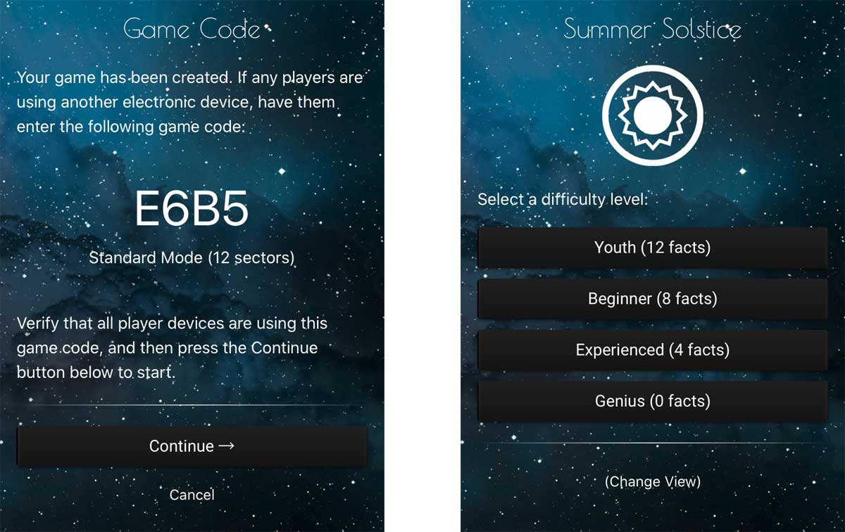 Search for Planet X app - setting up a game