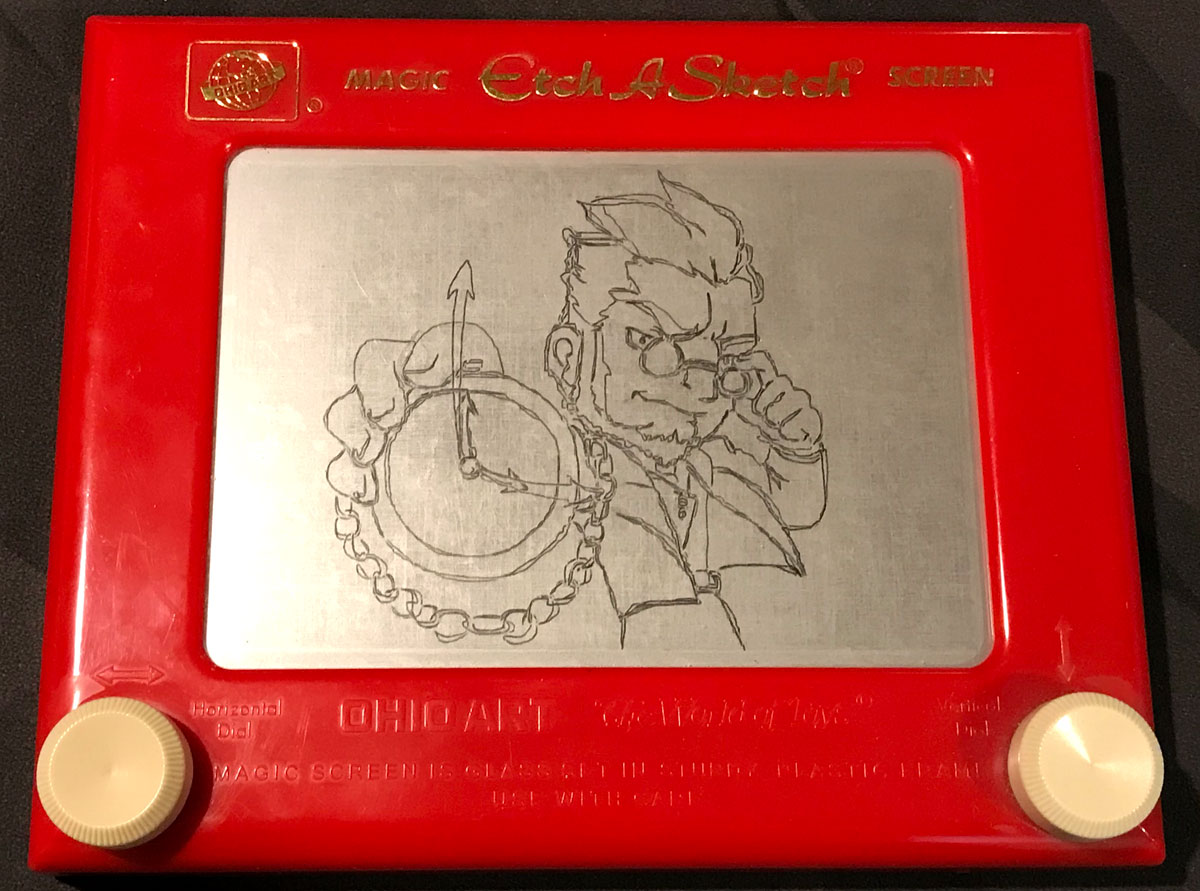 Etch-a-Sketch drawing of Puzzle Strike character Geiger