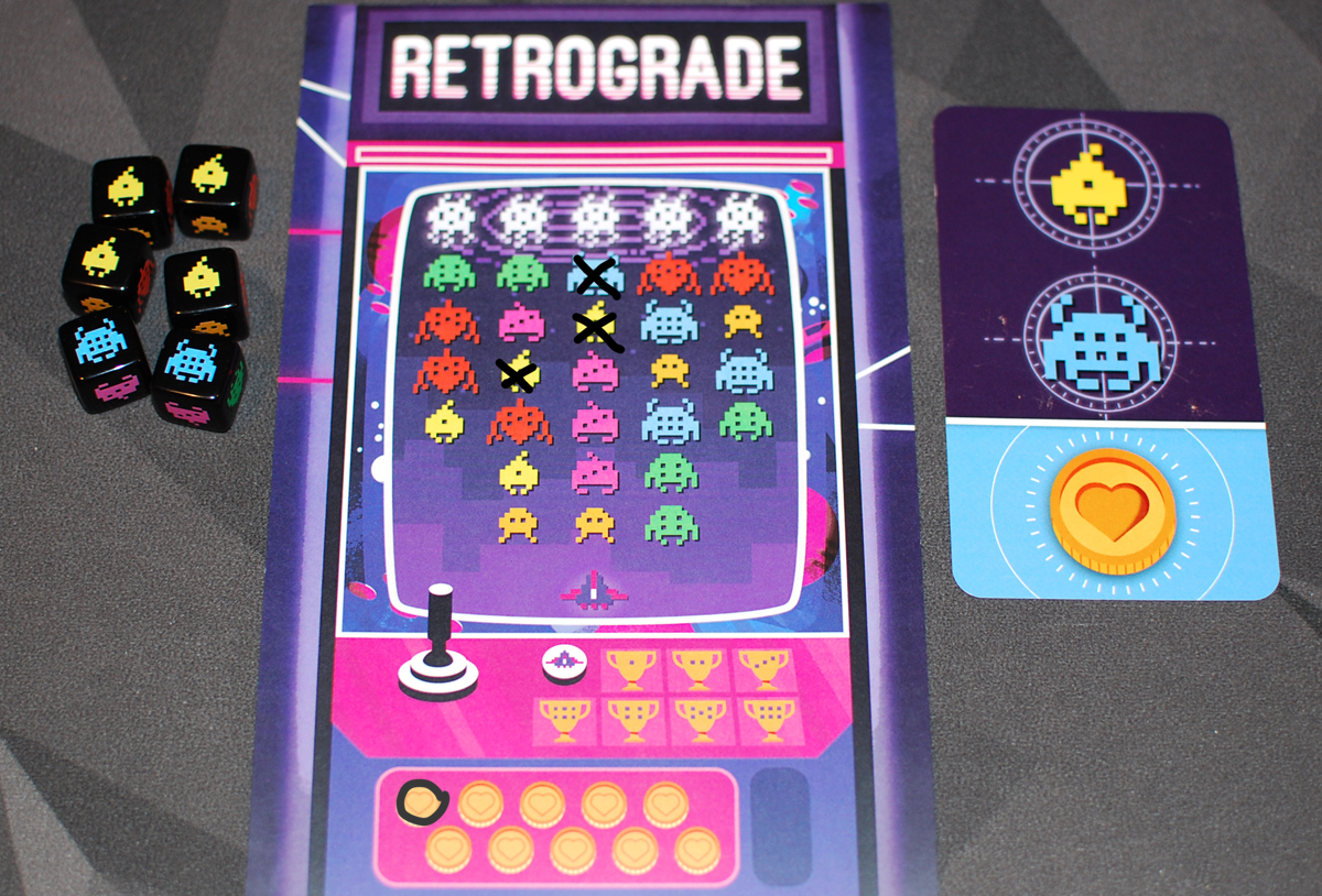 Retrograde sample turn: dice, scoresheet, and target card