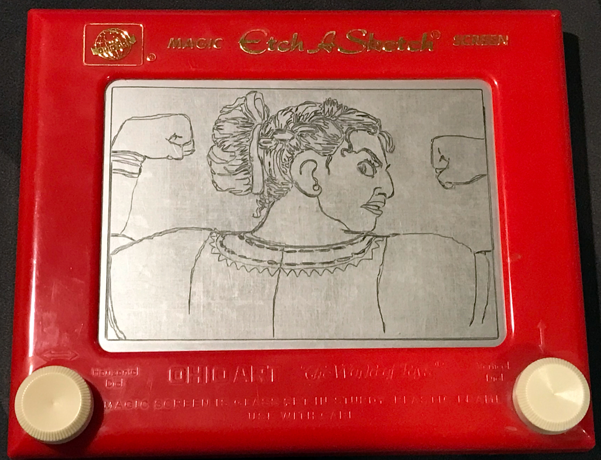 Etch-a-Sketch drawing of Luisa from Encanto