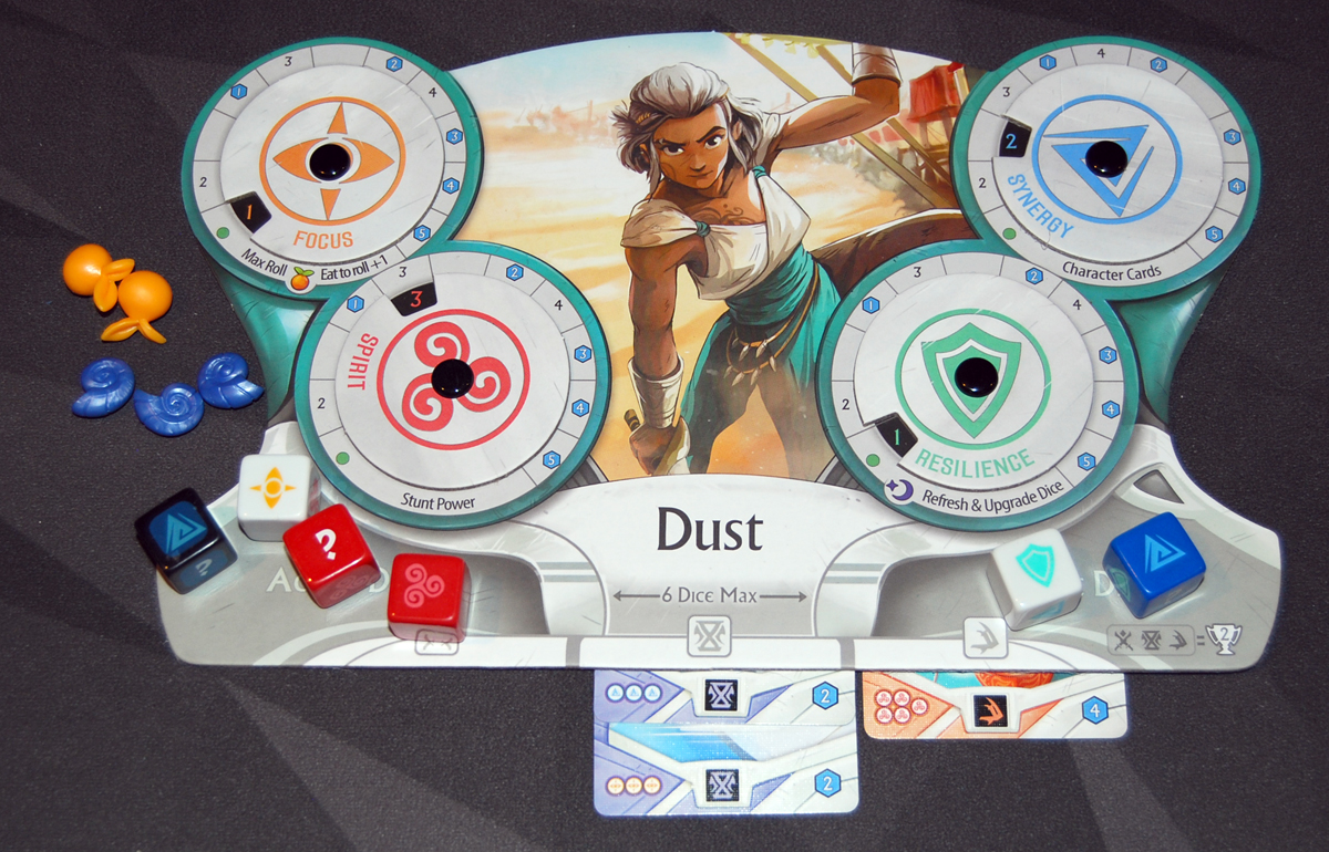 Tidal Blades Dust board with dice, resources, and cards
