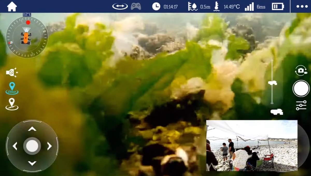 Main image showing seaweed on the ocean floor. Inset image of students at a table on the beach running a computer.