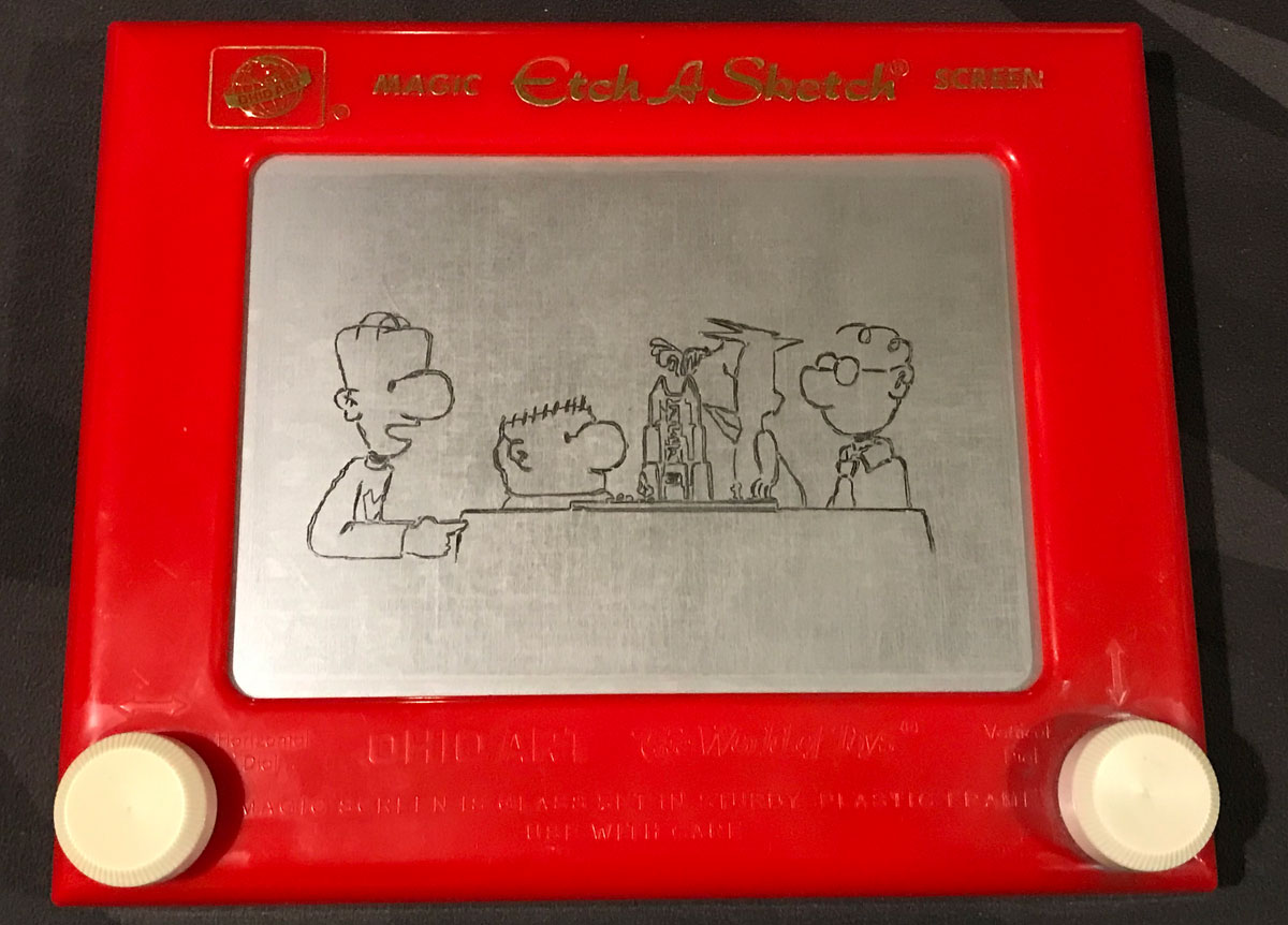 Etch-a-sketch drawing of Dork Tower characters playing Return to Dark Tower