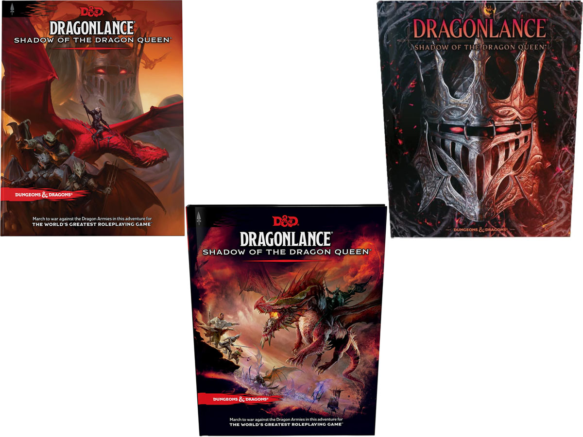 Three versions of the cover for 'Dragonlance: Shadow of the Dragon Queen'.