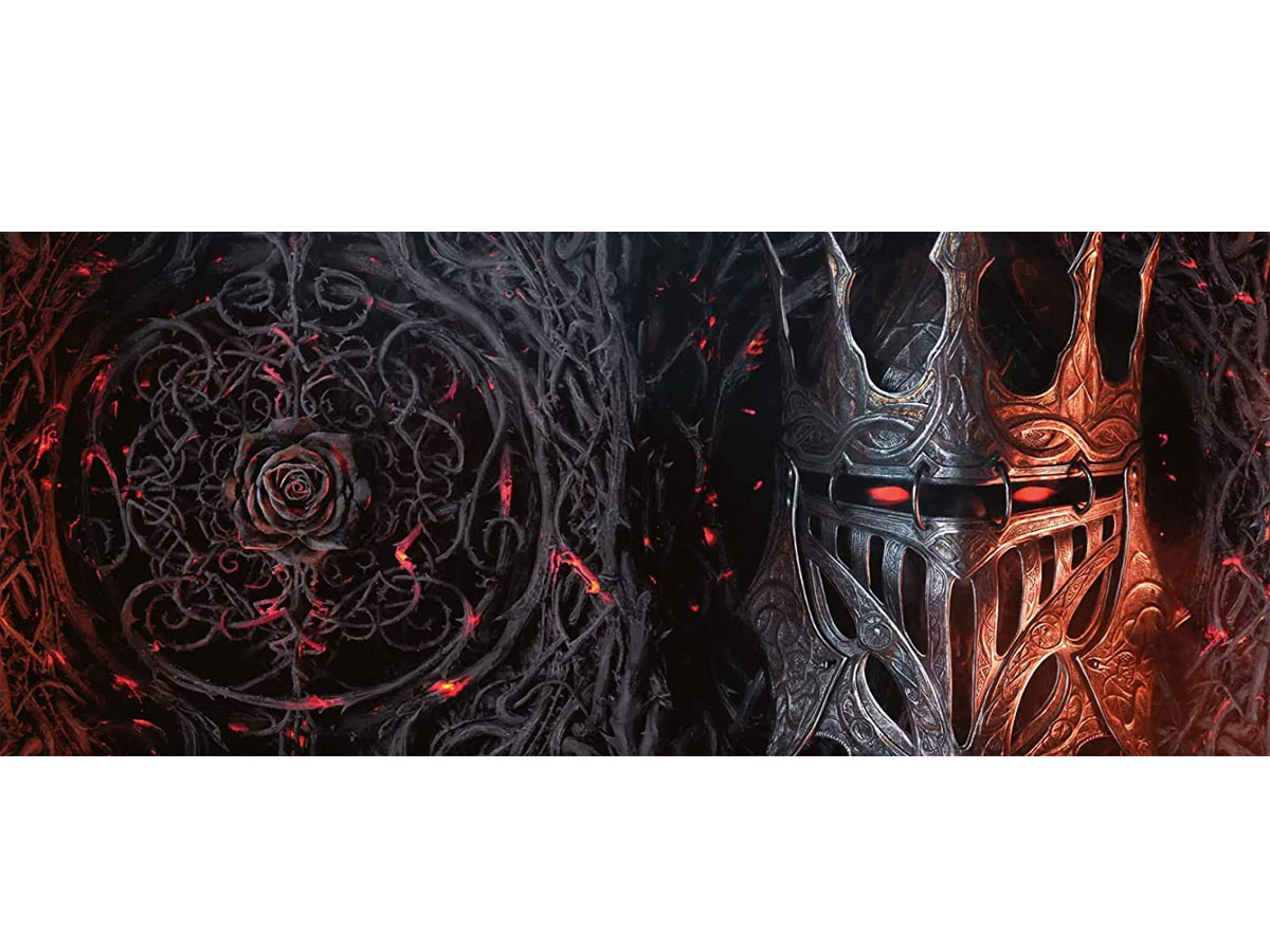 A rose in twisted thorns featured on left panel, a steel helmet of a death knight surrounded by thorns on right panel.