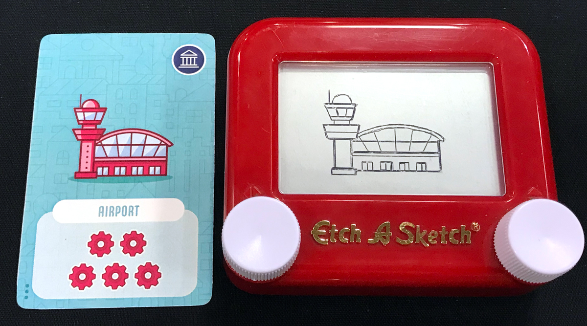 Airport card from Point City with Pocket Etch-a-Sketch drawing of airport