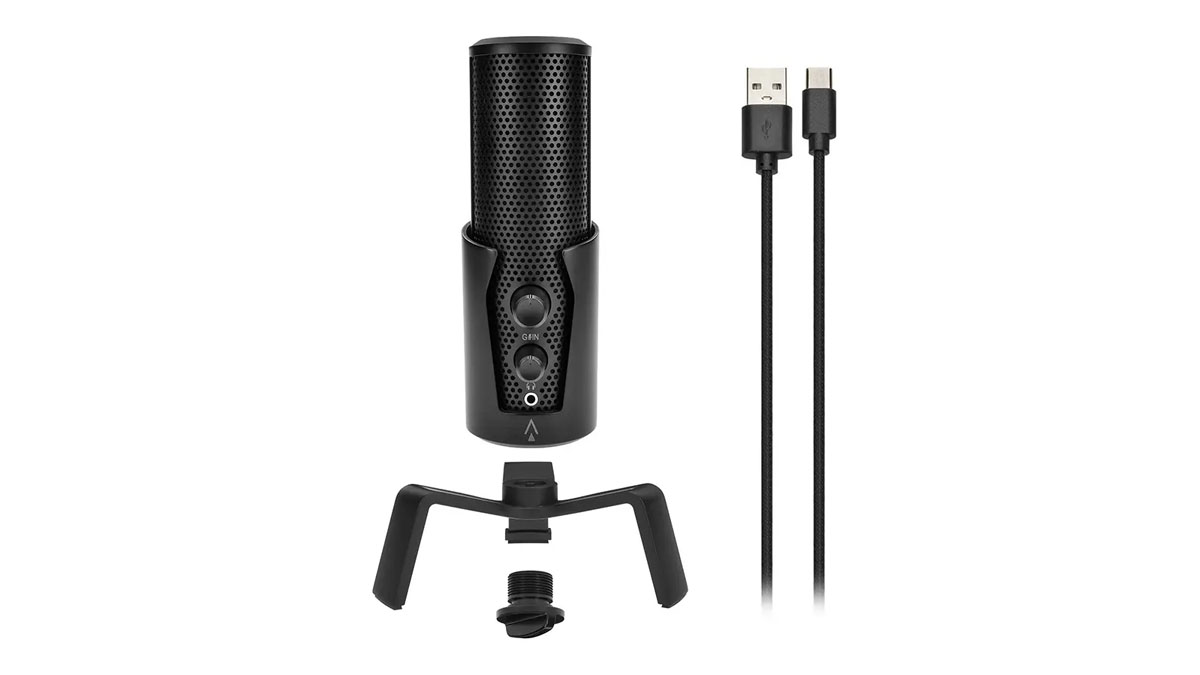 A photo of a black microphone, including its stand and USB-C charging cable.