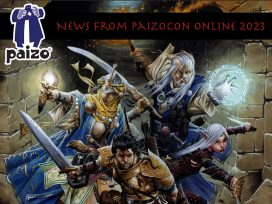 Image of the Pathfinder Iconics running into battle. Pazio logo, and the worlds "news from PaizoCon Online 2023"