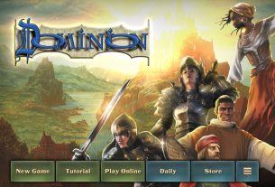 The loading screen for 'Dominion's' digital game features diverse humans against a medieval backdrop.