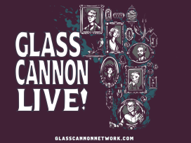Glass Cannon Live poster featuring the players illustrated in purple monochrome in picture frames.